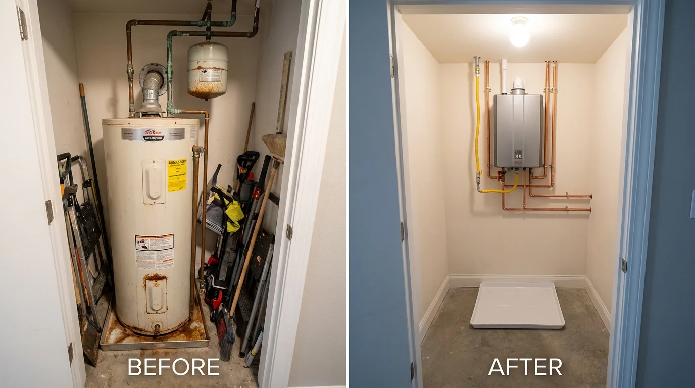Tank water heater versus wall-mounted tankless unit comparison for Chelsea, MI homeowners