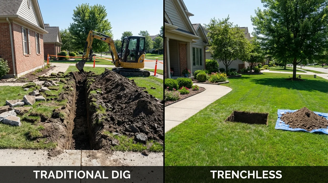 Trenchless sewer repair with minimal yard damage versus traditional excavation in Chelsea, MI