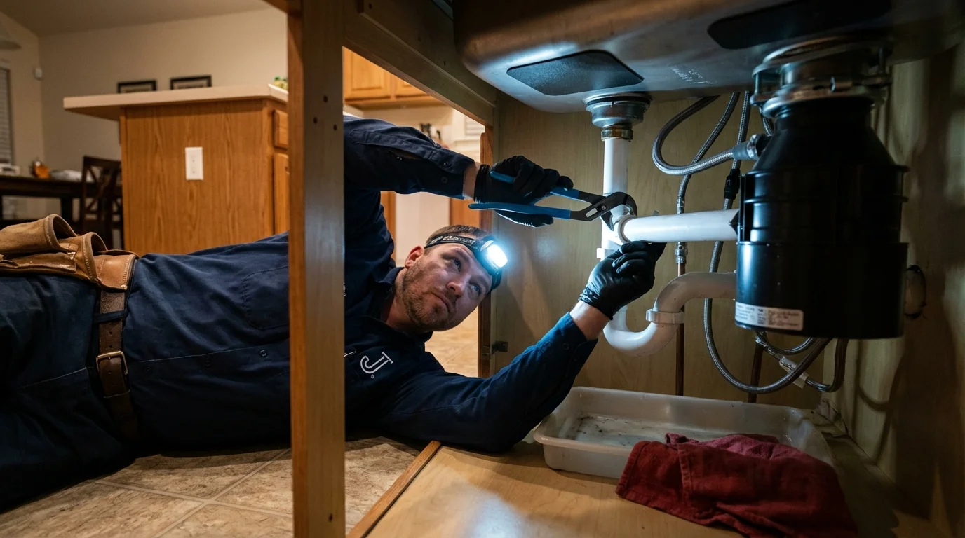 P-trap and supply line connections under a kitchen sink showing a common leak point in Chelsea, MI